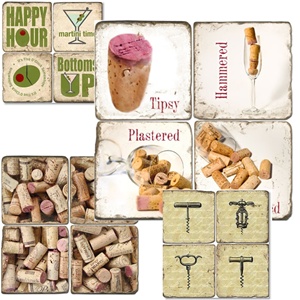 Cocktail & Wine Theme Tumbled Botticino Marble Beverage Coasters